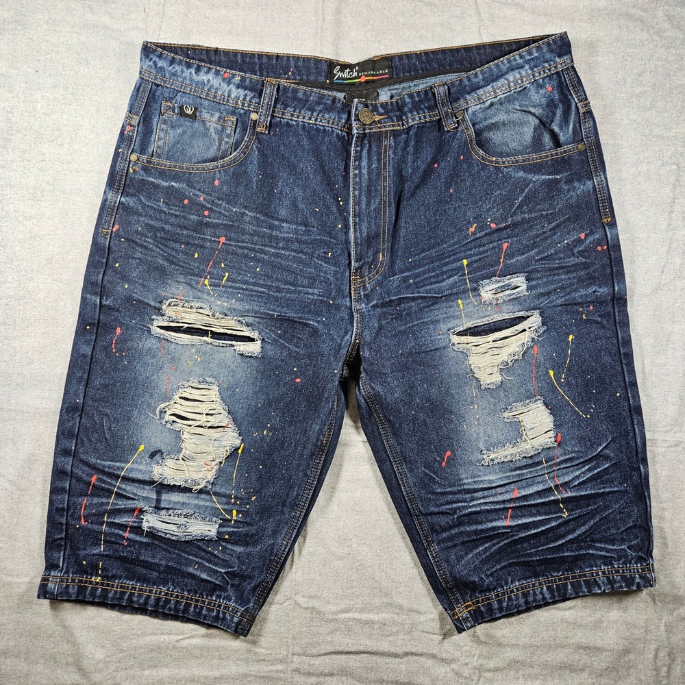 Switch Remarkable Mens Blue Distressed Paint Splatter‎ Denim Shorts Size 42